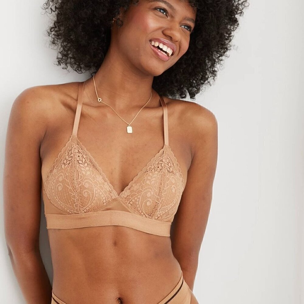 NWT Aerie Nude Cream Real Power Wireless Push Up Paisley Lace Bra - 36D